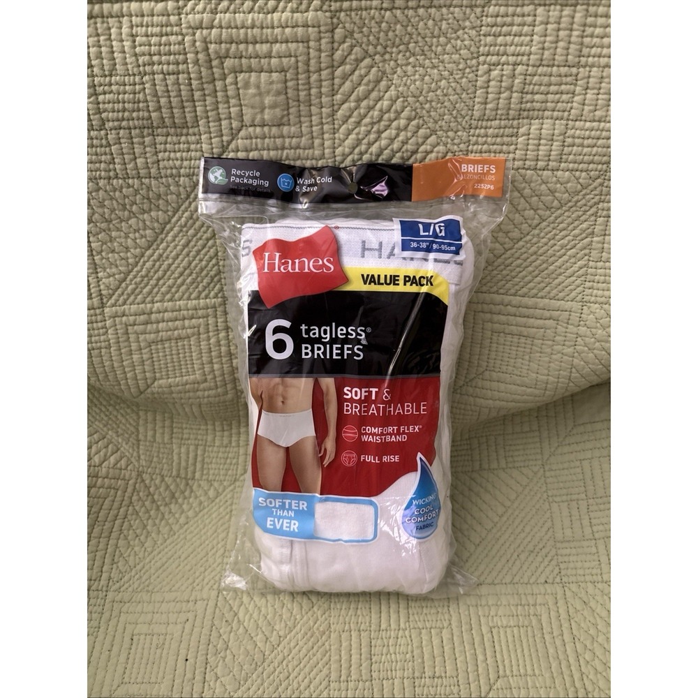 Hanes Men's Tagless White Briefs 6-Pack Size Large 36-38 Full Rise NEW